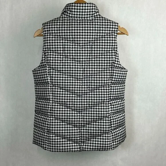 Lands' End Puffer Vest Womens Sz Small 6-8 Black White Houndstooth Check Zip Fro - Picture 2 of 8